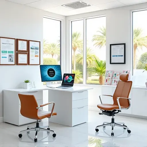 Modern medical consultation room in Pembroke Pines featuring sleek desk, comfortable chairs, and natural lighting.