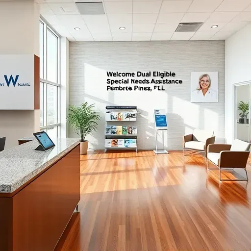 Clean modern office reception with hardwood floors granite countertops organized displays and natural light in Pembroke Pines FL