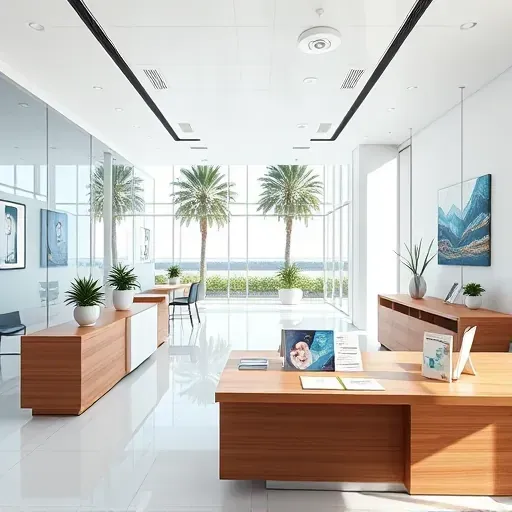 Health insurance office in Dania Beach FL with modern decor, polished wooden desks, and natural light from large windows.