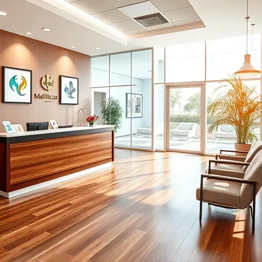 Modern medical office reception with polished wood floors, sleek furniture, welcoming desk, natural light, and healthcare décor
