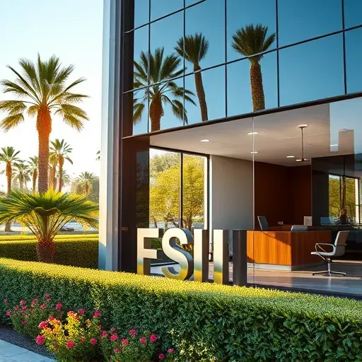Modern health insurance office in Palm Springs with sleek glass exterior, vibrant landscaping, and a welcoming reception area.