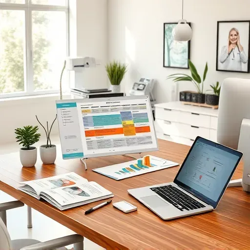 Organized modern medical office with charts, brochures, tablet, laptop, medical equipment, and plants in Pembroke Pines Florida