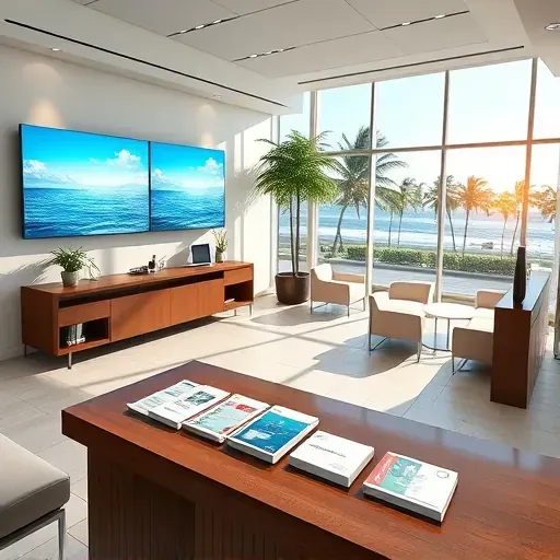 Modern health insurance office in Riviera Beach with elegant furnishings and serene ocean-themed artwork.