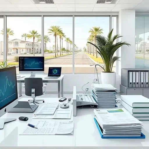 Modern office with organized desks, computers, claim documents, digital data displays, and a window view of Pembroke Pines streets