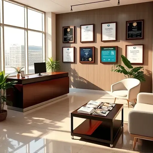 Health insurance office in Miami featuring a sleek reception area with modern design, technology, and inviting decor.
