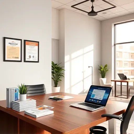 Modern Medicare consulting office in Pembroke Pines with organized desk, brochures, sunlight, professional decor, and welcoming atmosphere.