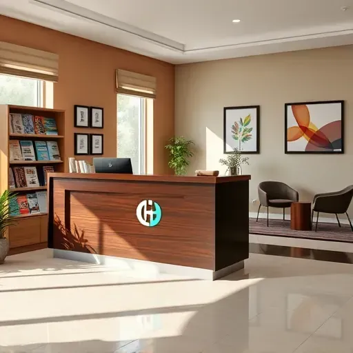 Modern health insurance office in Lantana FL with polished reception desk, brochures, and inviting waiting area.