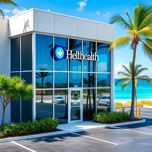 Health insurance office in Dania Beach FL with modern glass design, surrounded by greenery and palm trees.