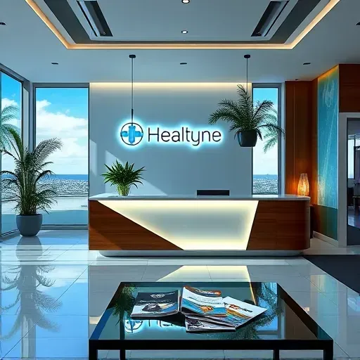 Modern Health Insurance office in Cutler Bay FL, featuring a sleek glass desk, branding, and natural light with a tropical view.
