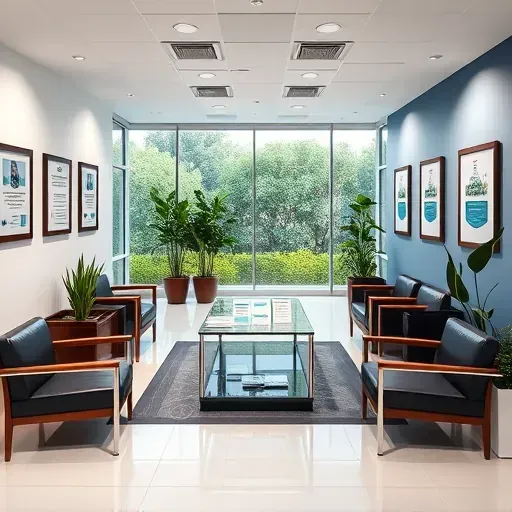 Health insurance office in Hollywood FL featuring modern decor, sleek reception, and calming blue and white tones.