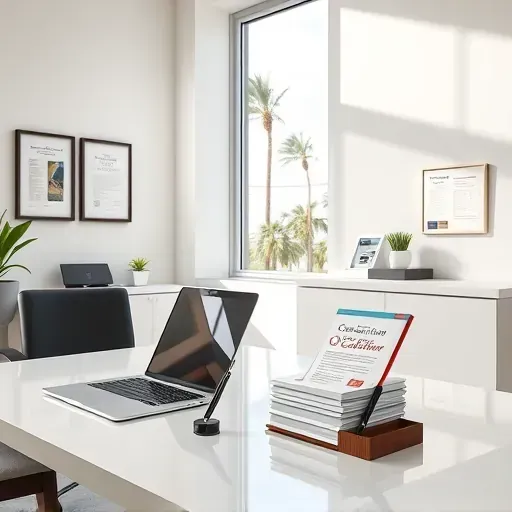 Inviting medical consultation room featuring a modern desk, Medicare brochures, and soft natural light in Pembroke Pines FL.