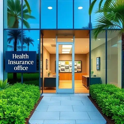 Health insurance office in Cutler Bay FL features a modern glass façade, inviting landscaping, and stylish reception area.