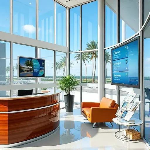Modern health insurance office in West Palm Beach with glass walls, polished furnishings, and natural light highlighting brochures.