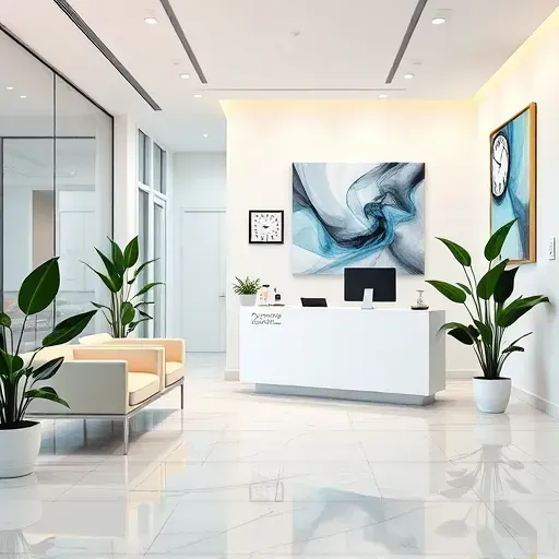 Modern health insurance office in Aventura FL with sleek reception area, marble floors, and vibrant greenery.
