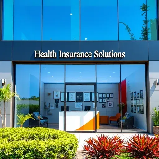 Modern health insurance office in Kendall FL featuring glass windows, stylish sign, and inviting interior ambiance.