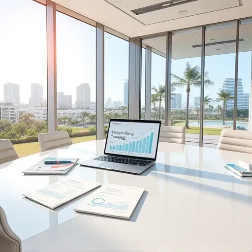 Modern office with large windows showing sunny Pembroke Pines Florida, conference table with documents, laptop, and branding.