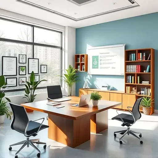 Modern health insurance office in Weston FL with sleek furniture, vibrant plants, and large windows for natural light.