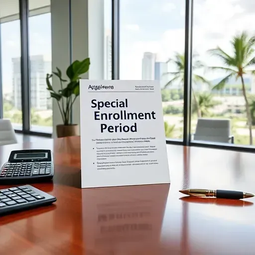 A polished wooden desk with a digital screen displaying Special Enrollment Period guidance, surrounded by office supplies with a cityscape background of Pembroke Pines Florida
