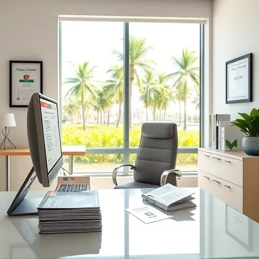 Clean modern healthcare consultation room in Pembroke Pines FL with computer and Medicare brochures under natural light.