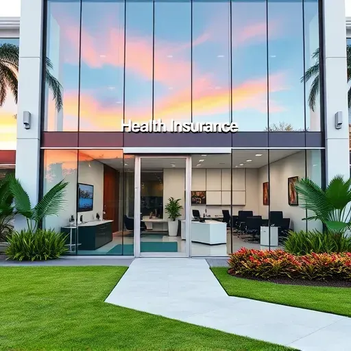 Modern health insurance office in Sunrise FL with sleek design, glass facade, vibrant sunrise, and lush landscaping.