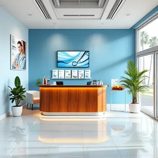 Health insurance office in Palm Springs with modern decor, calming colors, and natural light creating an inviting atmosphere.