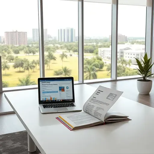 Modern office with sleek desk, healthcare brochure, laptop showing guidance, city views of Pembroke Pines FL, professional and organized environment