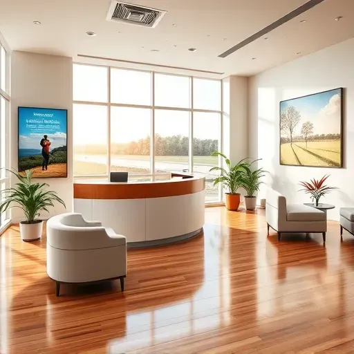 Modern health insurance office in Lantana FL with polished wood floors, curved desk, natural light, and local artwork.