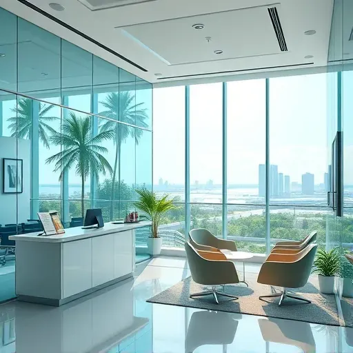 A modern health insurance office in Hallandale Beach with sleek design, glass walls, elegant furniture, and calming decor.