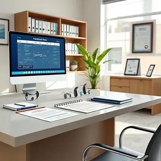 Organized Pembroke Pines hearing aid benefit coordination office with modern desk, hearing aids, documents, and professional decor