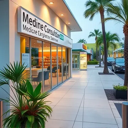 Modern West Palm Beach Medicare consultation storefront with illuminated signage, glass frontage, tropical landscaping, and welcoming interior