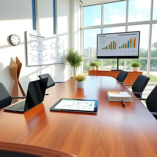 Modern Pembroke Pines office with a conference room, organized workspace, graphs on tablet, and sunny Florida view