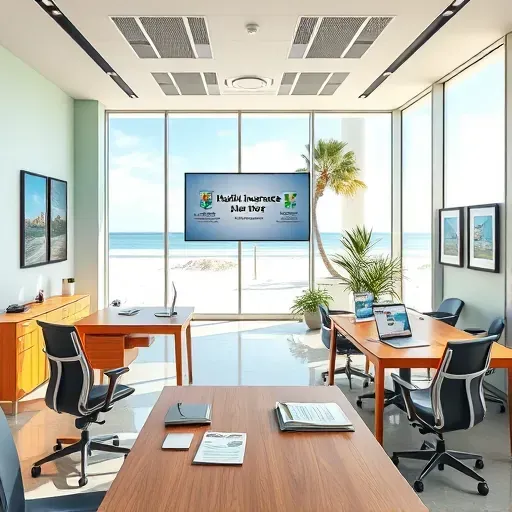 Modern health insurance office in Lake Worth Beach FL with wooden desks, local art, beach view, and organized brochures.