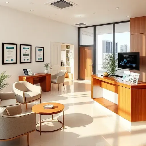 Health insurance office in Miramar, FL with modern reception area, brochures, seating, and consultation room.