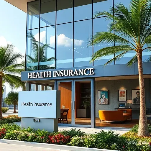 Modern health insurance office in Dania Beach with glass windows, tropical landscape, and professional interior design.