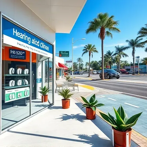 Modern hearing aid clinic storefront in Pembroke Pines Florida with glass windows, potted plants, and sunny street view
