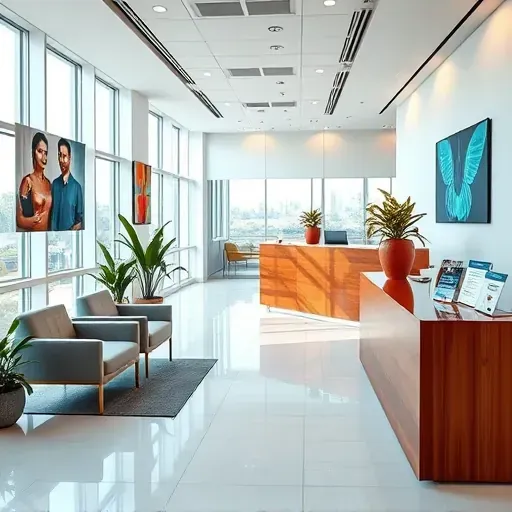 Modern health insurance office in Doral, FL, featuring a stylish reception area, soothing colors, lively artwork, and natural light.