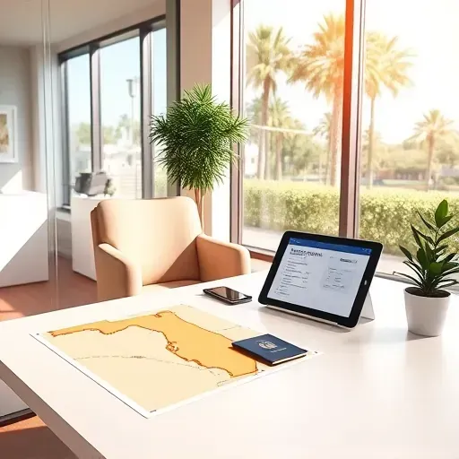 Professional travel insurance display for seniors in Pembroke Pines with Florida map, passport, tablet, and welcoming office setting