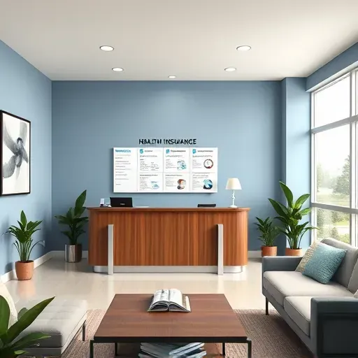 Health insurance office in Homestead FL with a modern reception, calming blue walls, and inviting waiting area.