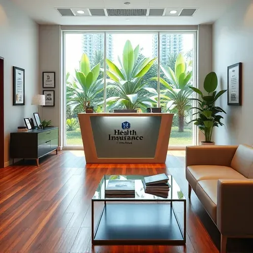Modern Health Insurance office in Miami Gardens with sleek decor, wood flooring, tropical views, and ambient lighting.