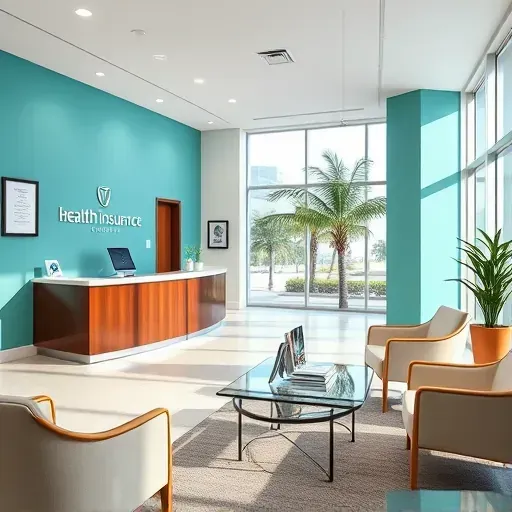 Modern health insurance office in Boca Raton with sleek reception, calming colors, and natural sunlight.