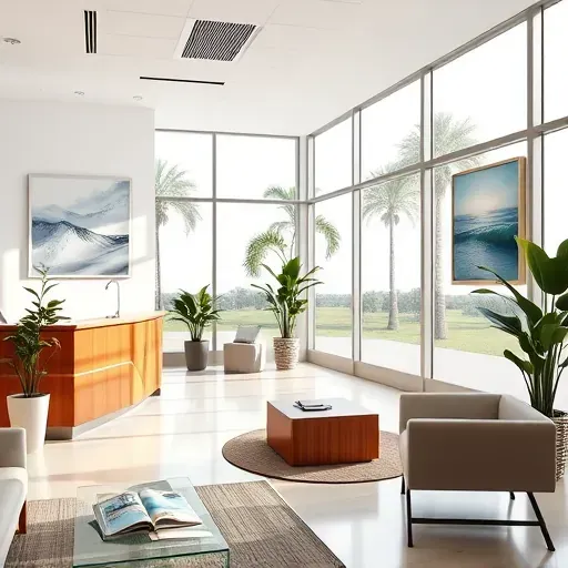 Health insurance office in Lantana FL featuring a modern reception, soothing decor, and inviting waiting area with art.