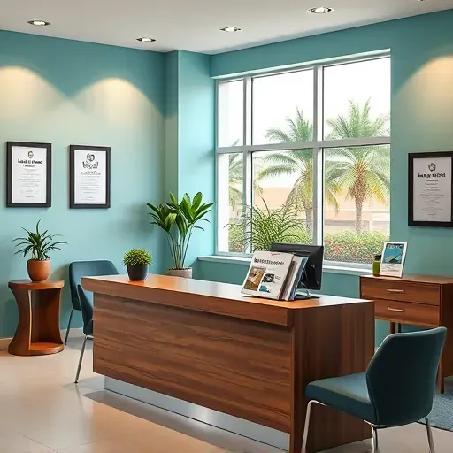 Health insurance office in Kendall FL featuring a modern reception area with polished wood desk and calming decor.