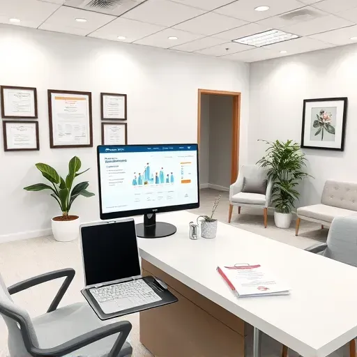 Modern healthcare consultation room in Pembroke Pines Florida with organized desk, digital health charts, brochures, and welcoming decor