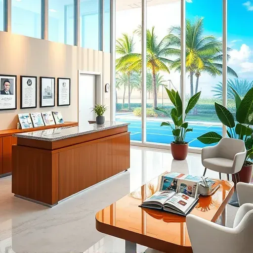 Modern health insurance office reception in North Miami Beach with polished wood desk, vibrant views, and calming decor.
