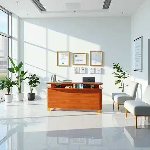 Health insurance office in Pompano Beach features modern decor, polished reception desk, brochures, and natural lighting.