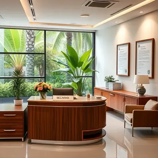 Modern health insurance office in Weston FL with polished wood furniture, muted colors, and tropical views, emphasizing professionalism.
