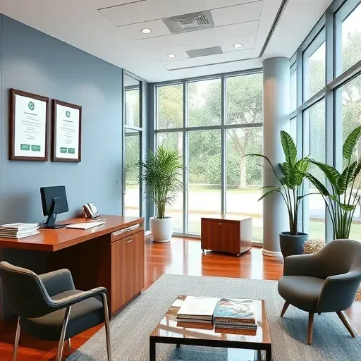 Health insurance office in Wellington FL with modern decor, natural light, awards, and stylish waiting area.