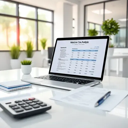 Modern medical office desk with Medicare analysis report, organized papers, calculator, and natural light in a professional healthcare setting