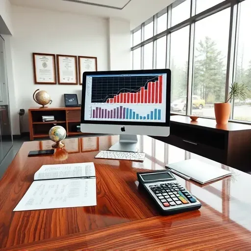 Modern financial advisory workspace with documents, calculators, computer charts, and elegant decor in a bright office