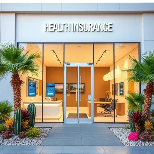 Modern Health Insurance office in Palm Springs, FL, featuring glass windows, desert plants, and elegant interiors.